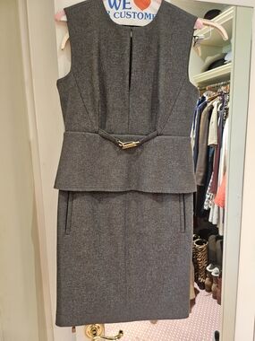 Diane Von Furstenberg Gray Sleeveless Peplum Sheath with Gold Accent